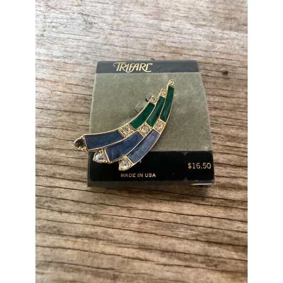 Vintage Trifari Made In USA Green & Blue Enamel Brooch With Rhinestones 4414 - Picture 2 of 5